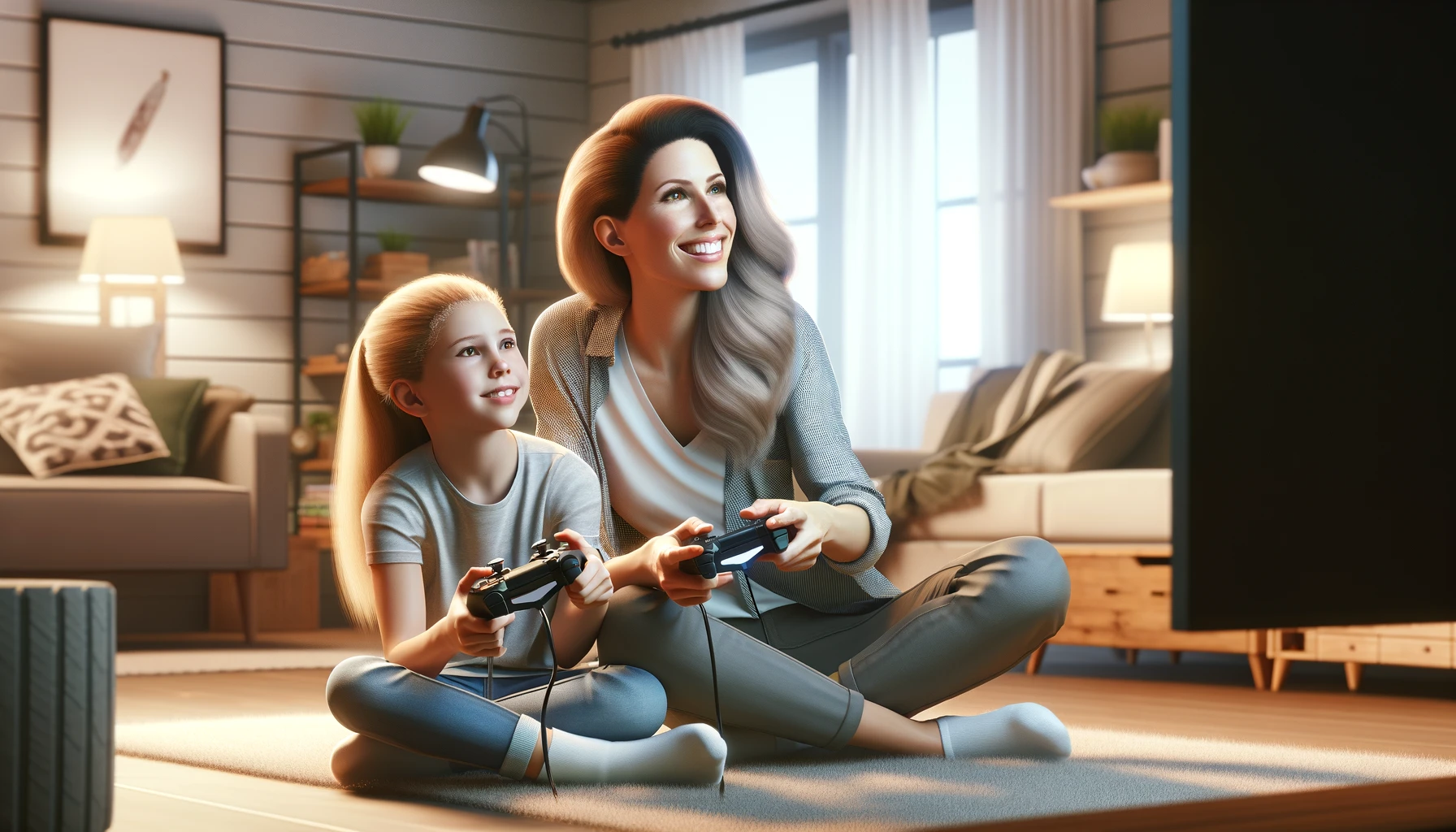 mother and her daughter  sitting in their living room, engaged in playing video games